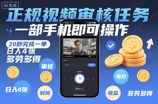 正规视频审核任务，一部手机即可操作，20秒完成一单，日入4张，多劳多得【揭秘】-87副业网 - 互联网副业项目资源分享平台