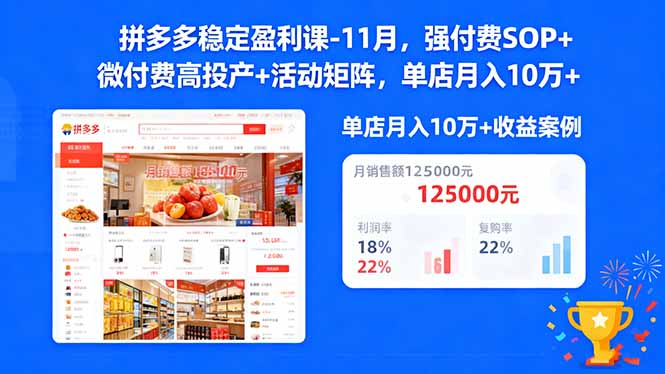 拼多多稳定盈利课-11月，强付费SOP+微付费高投产+活动矩阵，单店月入10w+-87副业网 - 互联网副业项目资源分享平台