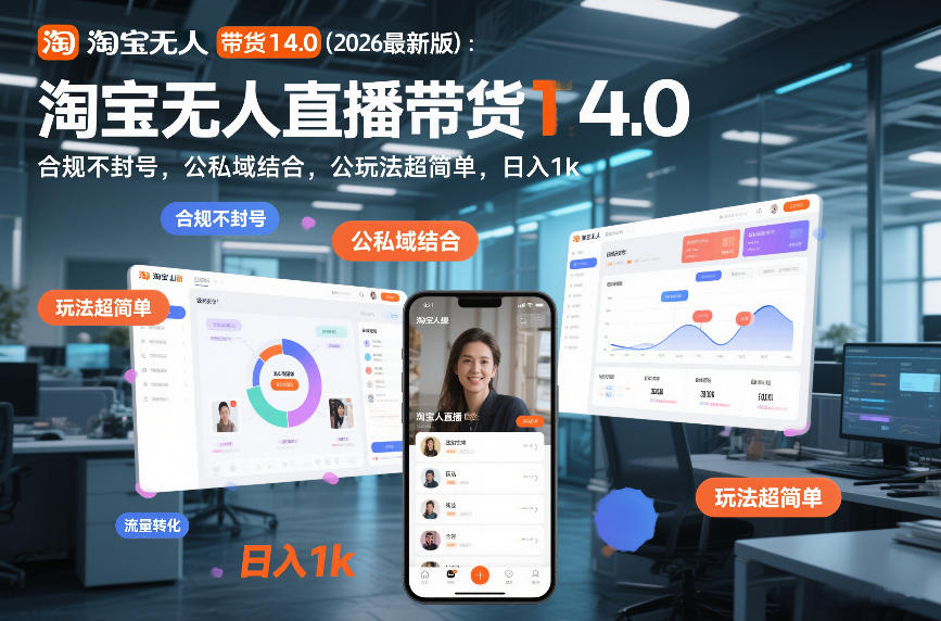 淘宝无人直播带货14.0(2026最新版)：合规不封号，公私域结合，玩法超简单，日入1k+【揭秘】-87副业网 - 互联网副业项目资源分享平台