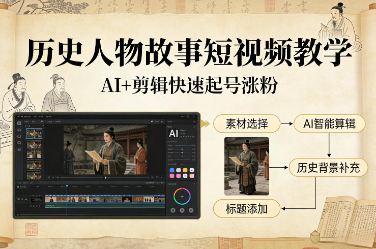 历史人物故事短视频教学，AI+剪辑制作历史人物题材短视频，快速起号涨粉-87副业网 - 互联网副业项目资源分享平台