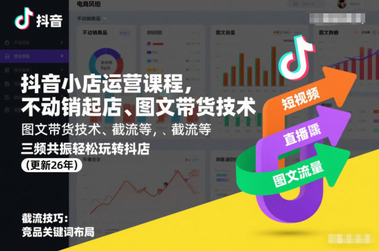 抖音小店运营课程，不动销起店、图文带货技术、截流等，三频共振轻松玩转抖店(更新26年)-87副业网 - 互联网副业项目资源分享平台