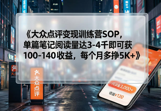大众点评变现训练营SOP，单篇笔记阅读量达3-4千即可获100-140收益，每个月多挣5K+-87副业网 - 互联网副业项目资源分享平台