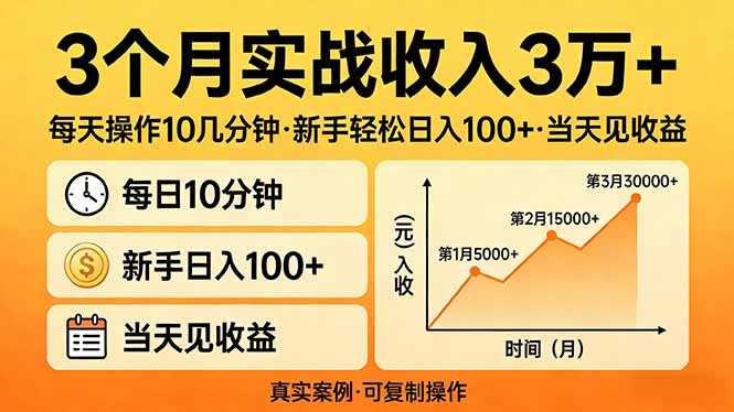 3个月实战收入3万+，每天操作10几分钟，新手轻松日入100+，当天见收益-87副业网 - 互联网副业项目资源分享平台