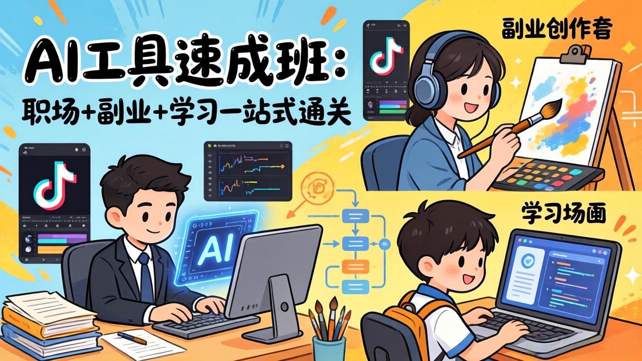 AI工具速成班：职场+副业+学习一站式通关，20+爆款类型+剪映技巧+抖音算法，0基础快速上手-87副业网 - 互联网副业项目资源分享平台