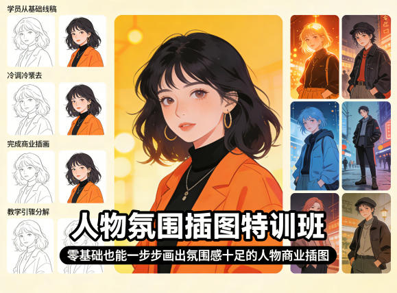 人物氛围插图特训班，零基础也能一步步画出氛围感十足的人物商业插图-87副业网 - 互联网副业项目资源分享平台