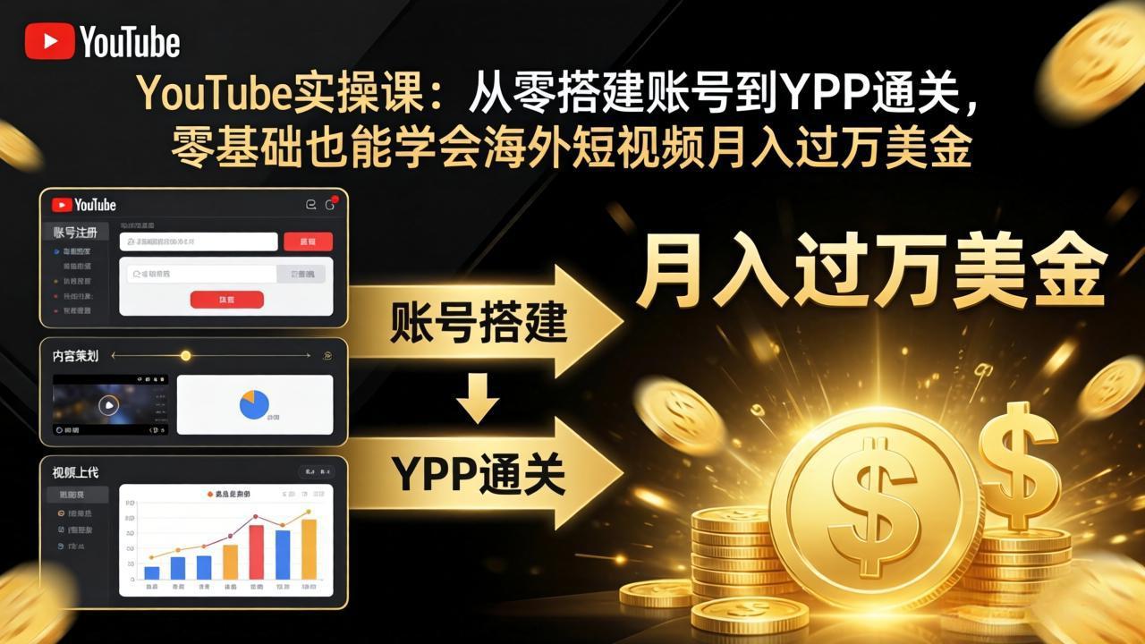 YouTube实操课：从零搭建账号到YPP通关，零基础也能学会海外短视频月入过万美金-87副业网 - 互联网副业项目资源分享平台