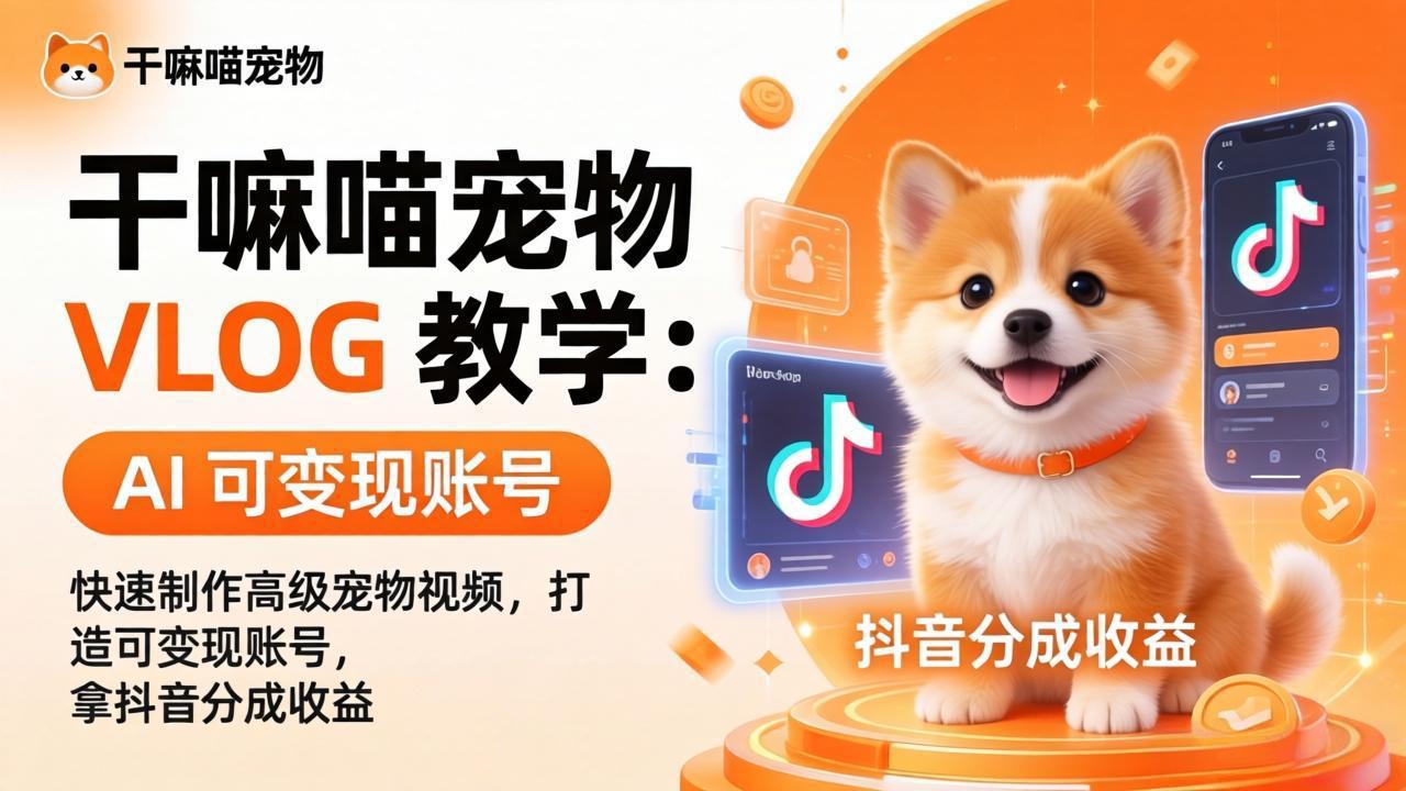 干嘛喵宠物 VLOG 教学：AI 快速制作高级宠物视频，打造可变现账号，拿抖音分成收益-87副业网 - 互联网副业项目资源分享平台