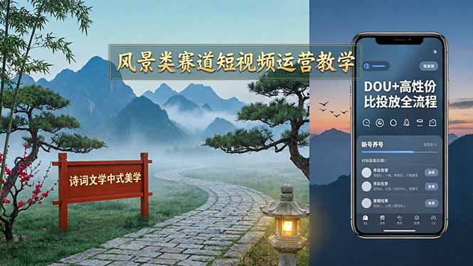 风景类赛道短视频运营教学：诗词文学中式美学，新号养号对标账号定位，DOU+高性价比投放全流程-87副业网 - 互联网副业项目资源分享平台