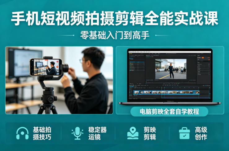 手机短视频拍摄剪辑全能实战课：零基础入门到高手，稳定器运镜+电脑剪映全套自学教程-87副业网 - 互联网副业项目资源分享平台