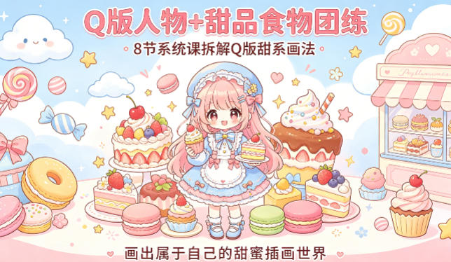 Q版人物+甜品食物团练,8节系统课拆解Q版甜系画法,画出属于自己的甜蜜插画世界-87副业网 - 互联网副业项目资源分享平台