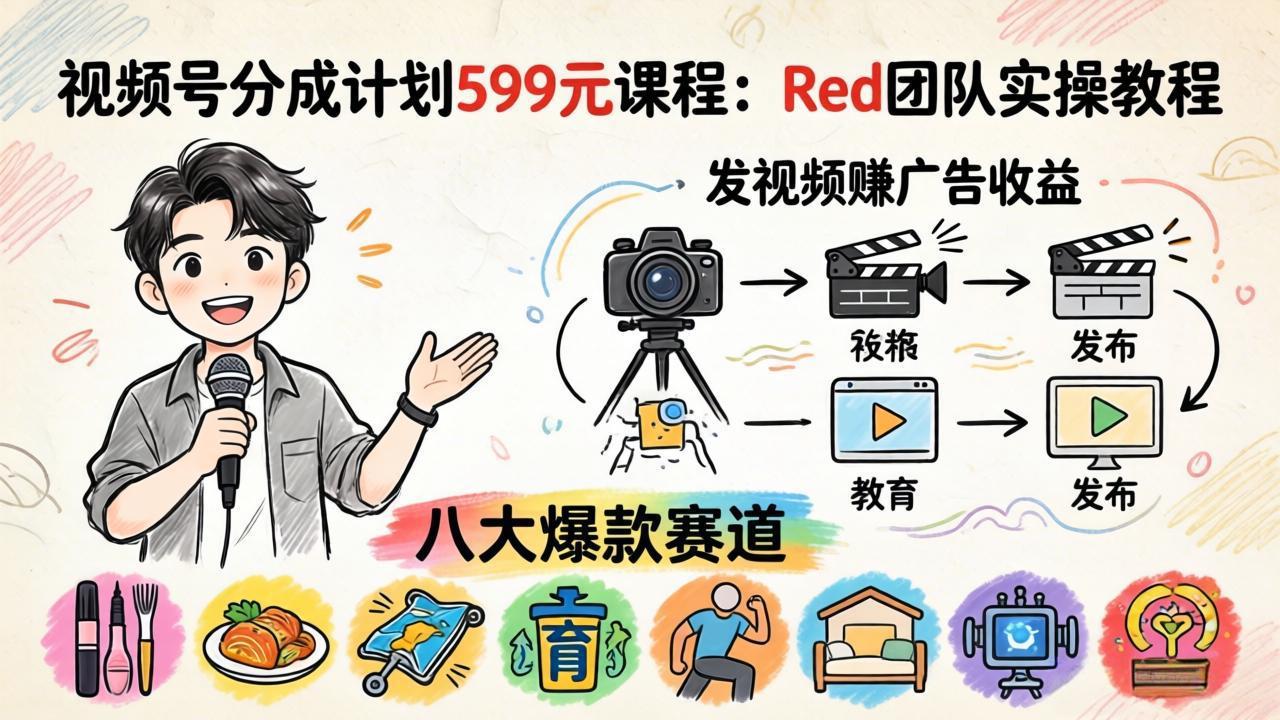 视频号分成计划599元课程：Red团队实操教程，发视频赚广告收益，八大爆款赛道全掌握-87副业网 - 互联网副业项目资源分享平台