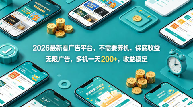 2026最新看广告平台，不需要养机，保底收益，无限广告，多机一天200+，收益稳定【揭秘】-87副业网 - 互联网副业项目资源分享平台