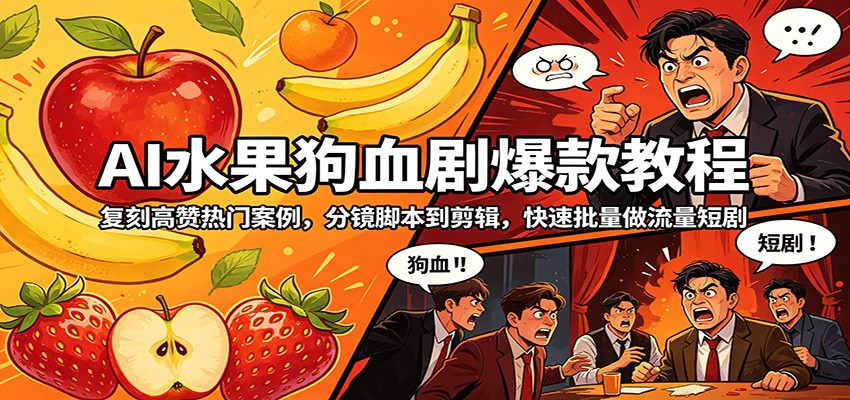 AI水果狗血剧爆款教程：复刻高赞热门案例，分镜脚本到剪辑，快速批量做流量短剧-87副业网 - 互联网副业项目资源分享平台