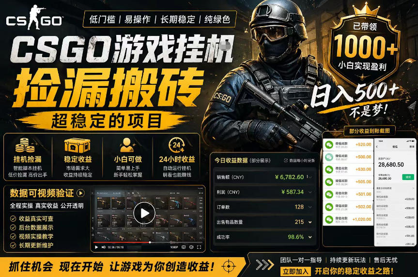 CSGO游戏搬砖，全自动挂G，不需要玩游戏，手机操作日入300+，解放双手【揭秘】-87副业网 - 互联网副业项目资源分享平台