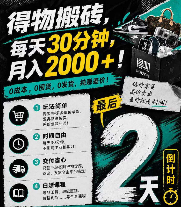 得物搬砖，0成本起步每天30分钟，月入2000+，0成本，0囤货，0发货，纯賺差价-87副业网 - 互联网副业项目资源分享平台