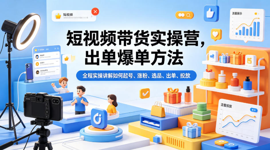 短视频带货实操营，出单爆单方法，全程实操讲解如何起号、涨粉、选品、出单、投放-87副业网 - 互联网副业项目资源分享平台