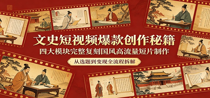 文史短视频爆款创作秘籍：四大模块完整复刻国风高流量短片制作-87副业网 - 互联网副业项目资源分享平台
