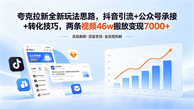 夸克拉新全新玩法思路，抖音引流+公众号承接+转化技巧，两条视频46w搬放 变现7000+-87副业网 - 互联网副业项目资源分享平台