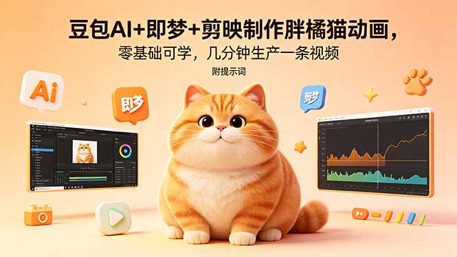 豆包AI+即梦+剪映制作胖橘猫动画，零基础可学，几分钟生产一条视频，附提示词-87副业网 - 互联网副业项目资源分享平台