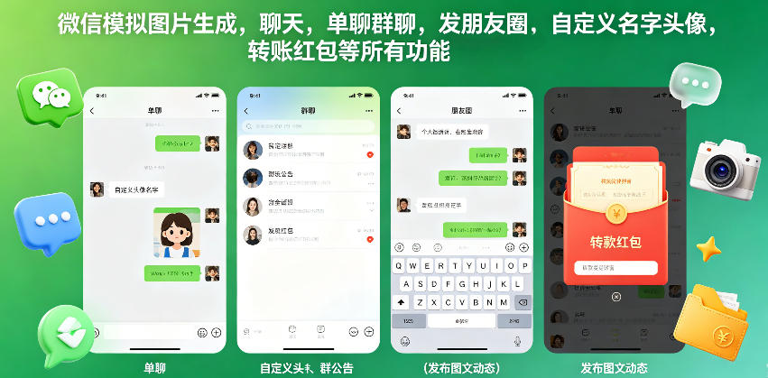 微信模拟图片生成，聊天，单聊群聊，发朋友圈，自定义名字头像，转账红包等所有功能都可以生成-87副业网 - 互联网副业项目资源分享平台