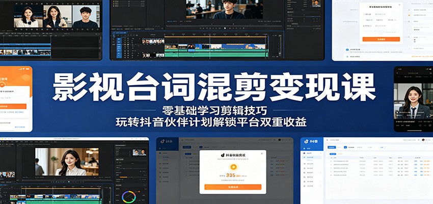 影视台词混剪变现课：零基础学习剪辑技巧，玩转抖音伙伴计划解锁平台双重收益-87副业网 - 互联网副业项目资源分享平台