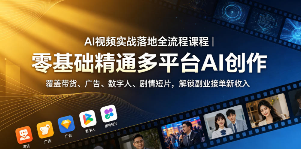 AI视频实战落地全流程课程|零基础精通多平台AI创作,覆盖带货、广告、数字人、剧情短片,解锁副业接单新收入-87副业网 - 互联网副业项目资源分享平台