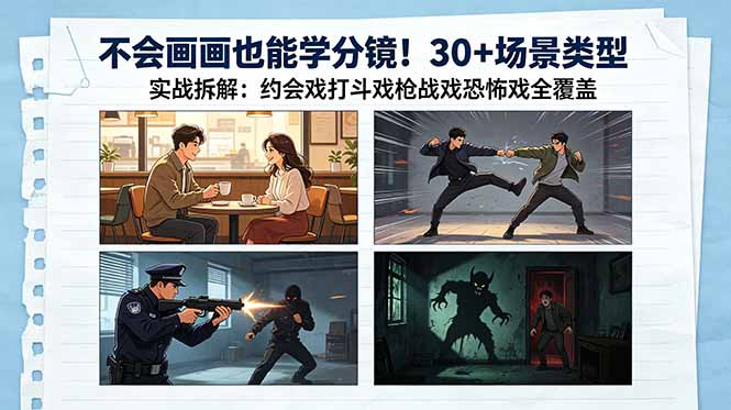 不会画画也能学分镜!30+场景类型实战拆解:约会戏打斗戏枪战戏恐怖戏全覆盖-87副业网 - 互联网副业项目资源分享平台