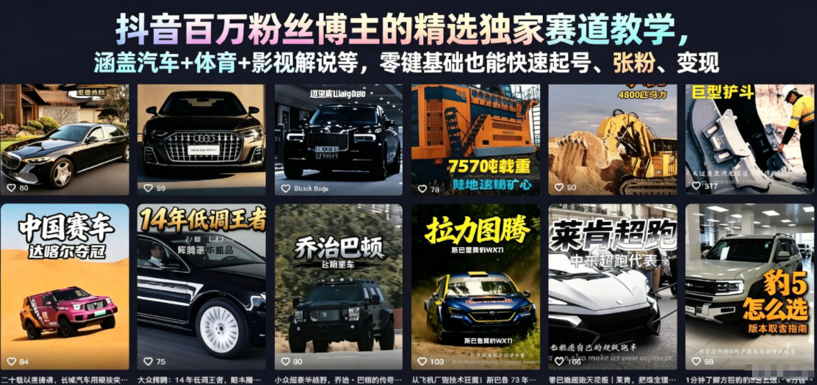 抖音百万粉丝博主的精选独家赛道教学，涵盖汽车+体育+影视解说等，零基础也能快速起号、涨粉、变现-87副业网 - 互联网副业项目资源分享平台