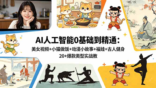 AI人工智能0基础到精通：美女视频+小猫做饭+动漫小故事+福娃+古人健身，20+爆款类型实战教学-87副业网 - 互联网副业项目资源分享平台