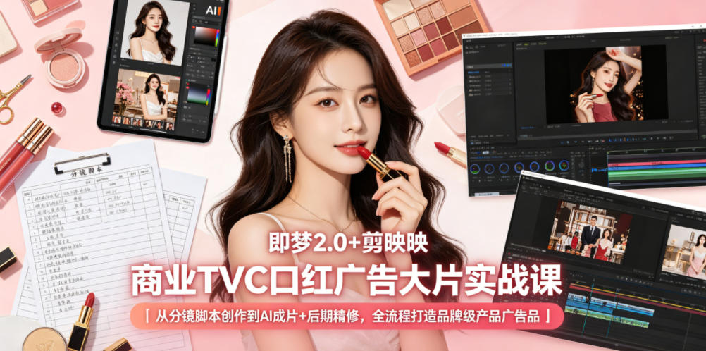即梦2.0+剪映商业TVC口红广告大片实战课｜从分镜脚本创作到AI成片+后期精修，全流程打造品牌级产品广告-87副业网 - 互联网副业项目资源分享平台