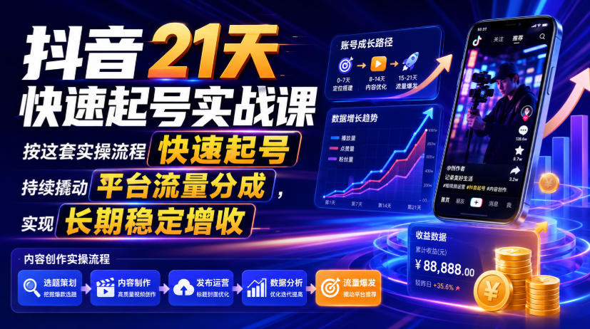 抖音21天快速起号实战课，按这套实操流程快速起号，持续撬动平台流量分成，实现长期稳定增收-87副业网 - 互联网副业项目资源分享平台