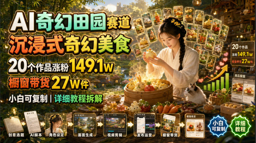 AI奇幻田园赛道，沉浸式奇幻美食，20个作品涨粉149.1W，橱窗带货27W件，小白可复制，详细教程拆解-87副业网 - 互联网副业项目资源分享平台