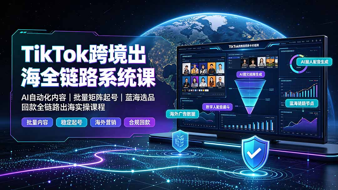 TikTok跨境出海全链路系统课-2026年7月：AI自动化内容｜批量矩阵起号｜蓝海选品回款全链路出海实操课程-87副业网 - 互联网副业项目资源分享平台