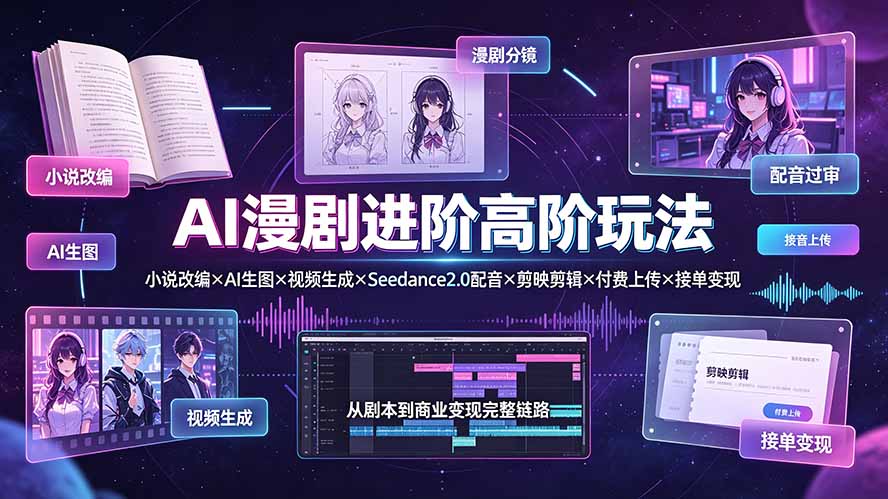AI漫剧进阶高阶玩法：小说改编×AI生图×视频生成×Seedance2.0配音×剪映剪辑×付费上传×接单变现-87副业网 - 互联网副业项目资源分享平台