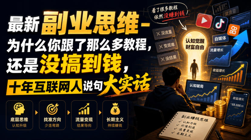 最新副业思维-为什么你跟了那么多教程，还是没搞到钱，十年互联网人说句大实话【揭秘】-87副业网 - 互联网副业项目资源分享平台