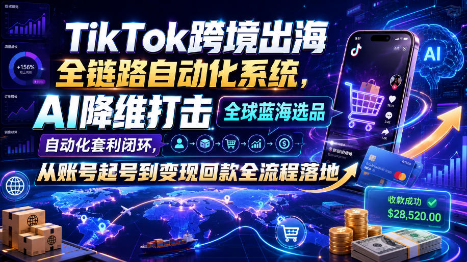 TikTok跨境出海全链路自动化系统，AI降维打击全球蓝海选品自动化套利闭环，从账号起号到变现回款全流程落地(2026年7月)-87副业网 - 互联网副业项目资源分享平台