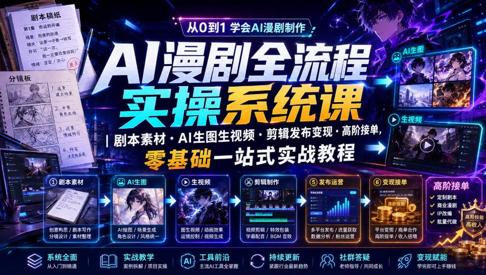 AI漫剧全流程实操系统课｜剧本素材・AI生图生视频・剪辑发布变现・高阶接单，零基础一站式实战教程-87副业网 - 互联网副业项目资源分享平台