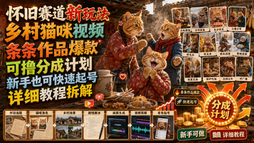 怀旧赛道新玩法，乡村猫咪视频，条条作品爆款，可撸分成计划，新手也可快速起号，详细教程拆解-87副业网 - 互联网副业项目资源分享平台