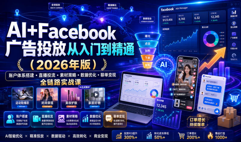AI+Facebook广告投放从入门到精通(2026年版)｜账户体系搭建・直播投流・素材策略・数据优化・聊单变现全链路实战课-87副业网 - 互联网副业项目资源分享平台