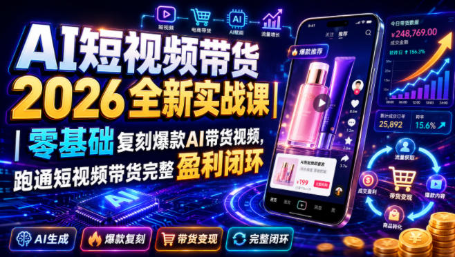 AI短视频带货2026全新实战课｜零基础复刻爆款AI带货视频，跑通短视频带货完整盈利闭环-87副业网 - 互联网副业项目资源分享平台