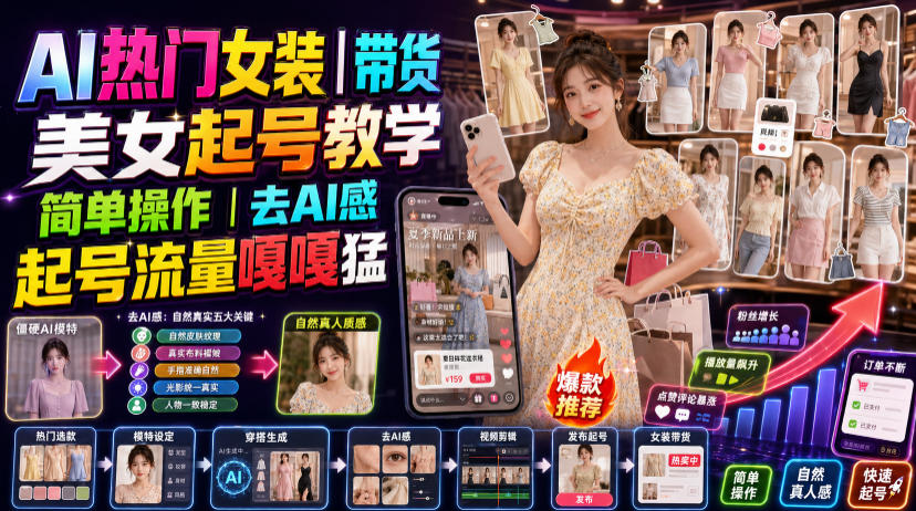 AI热门女装带货丨美女起号教学，简单操作，去AI感，起号流量嘎嘎猛-87副业网 - 互联网副业项目资源分享平台