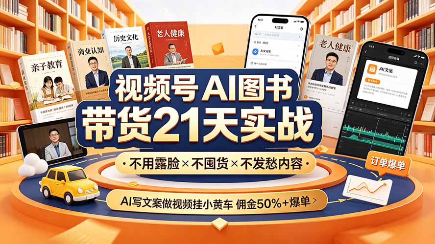 视频号AI图书带货21天实战：不用露脸×不囤货×不发愁内容，AI写文案做视频挂小黄车，佣金50%+爆单-87副业网 - 互联网副业项目资源分享平台