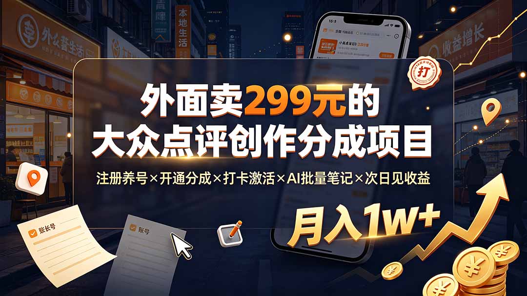 外面卖299元的大众点评创作分成项目:注册养号×开通分成×打卡激活×AI批量笔记×次日见收益,月入1w+-87副业网 - 互联网副业项目资源分享平台