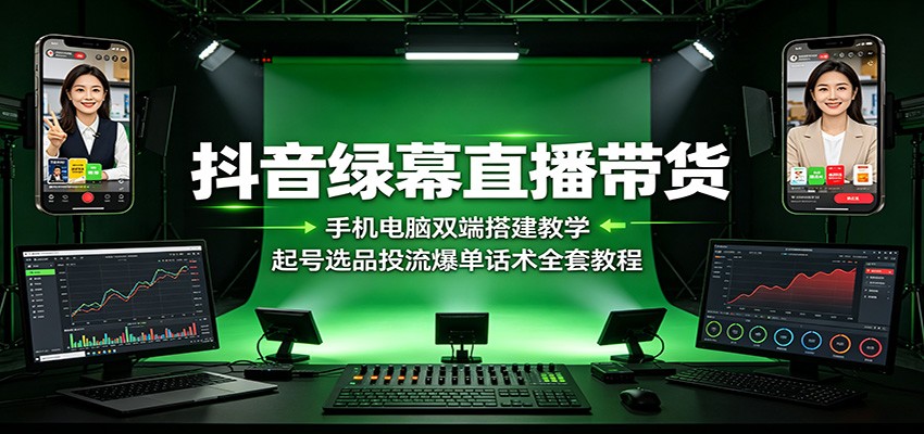 抖音绿幕直播带货：手机电脑双端搭建教学，起号选品投流爆单话术全套教程-87副业网 - 互联网副业项目资源分享平台