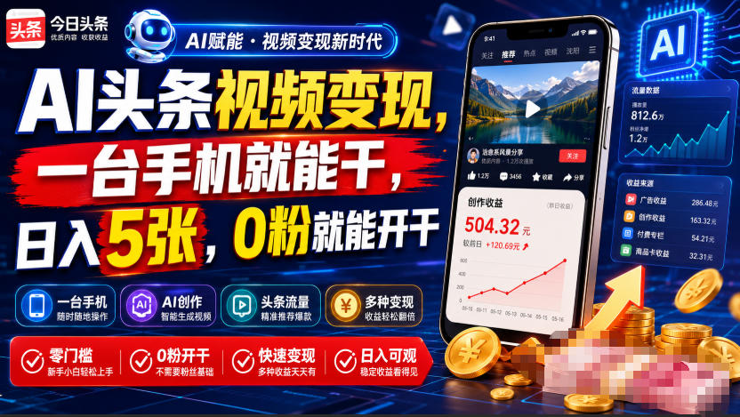 AI头条视频变现，一台手机就能干，日入5张，0粉就能开干-87副业网 - 互联网副业项目资源分享平台