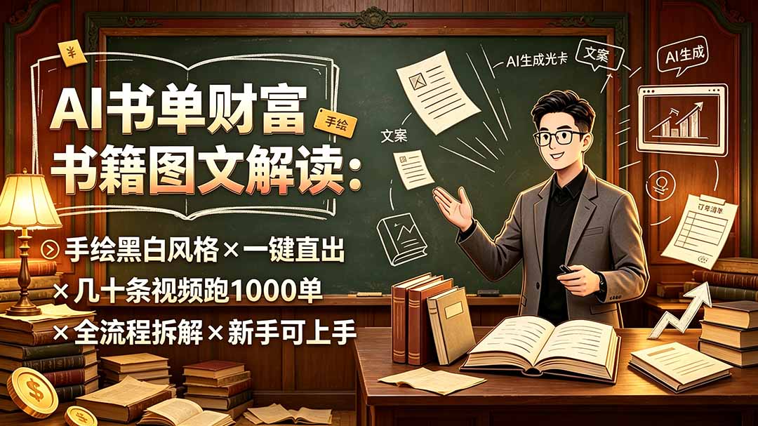 AI书单财富书籍图文解读:手绘黑白风格×一键直出×几十条视频跑1000单×全流程拆解×新手可上手-87副业网 - 互联网副业项目资源分享平台