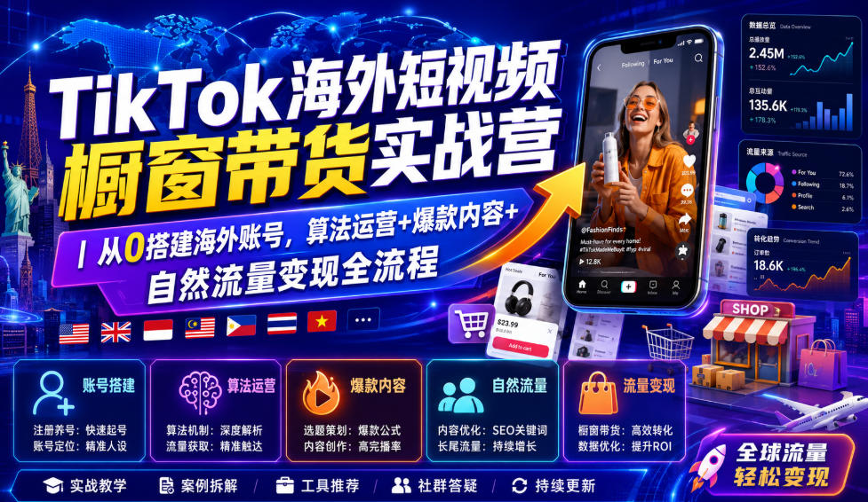 TikTok海外短视频橱窗带货实战营｜从0搭建海外账号，算法运营+爆款内容+自然流量变现全流程-87副业网 - 互联网副业项目资源分享平台