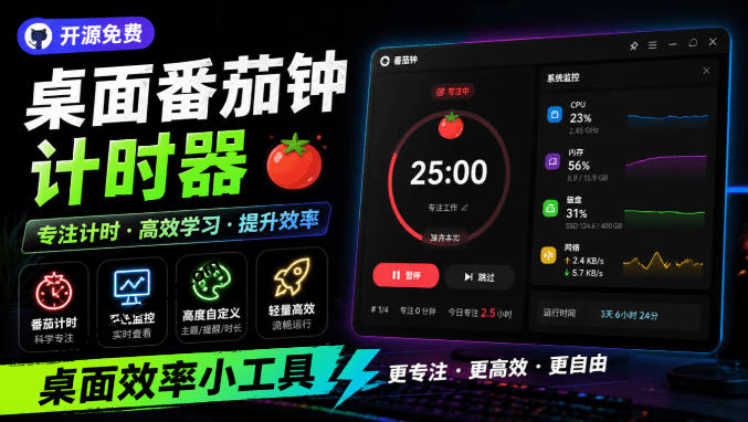 仅1.16MB，开源极简的桌面时钟、番茄钟计时器，还支持系统监控显示，桌面效率小工具Catime-87副业网 - 互联网副业项目资源分享平台