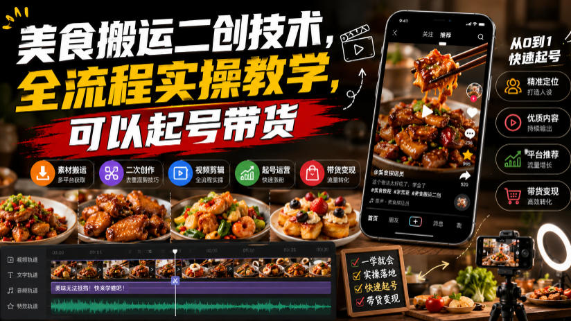 美食搬运二创技术，全流程实操教学，可以起号带货-87副业网 - 互联网副业项目资源分享平台