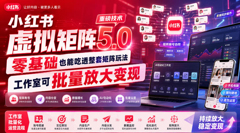 小红书虚拟矩阵5.0重磅技术，零基础也能吃透整套矩阵玩法，工作室可批量放大变现-87副业网 - 互联网副业项目资源分享平台